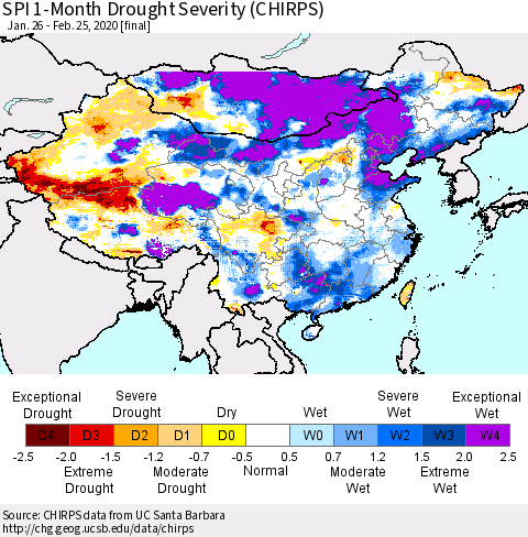 China and Taiwan SPI 1-Month Drought Severity (CHIRPS) Thematic Map For 1/26/2020 - 2/25/2020