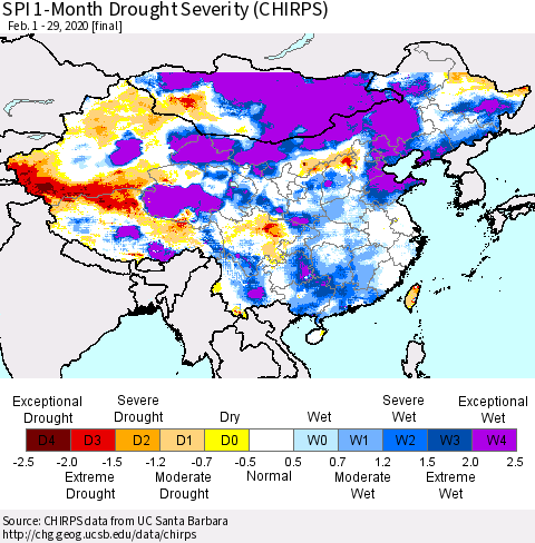 China and Taiwan SPI 1-Month Drought Severity (CHIRPS) Thematic Map For 2/1/2020 - 2/29/2020