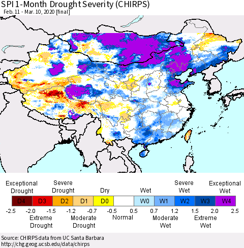 China, Mongolia and Taiwan SPI 1-Month Drought Severity (CHIRPS) Thematic Map For 2/11/2020 - 3/10/2020