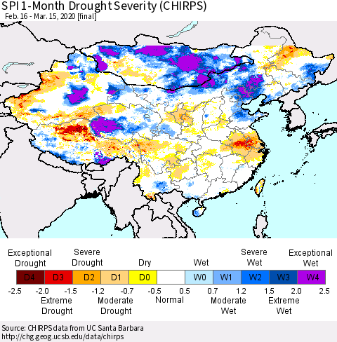 China and Taiwan SPI 1-Month Drought Severity (CHIRPS) Thematic Map For 2/16/2020 - 3/15/2020