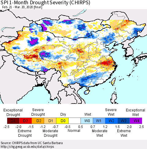 China and Taiwan SPI 1-Month Drought Severity (CHIRPS) Thematic Map For 2/21/2020 - 3/20/2020