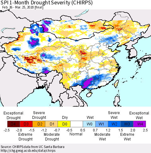 China and Taiwan SPI 1-Month Drought Severity (CHIRPS) Thematic Map For 2/26/2020 - 3/25/2020