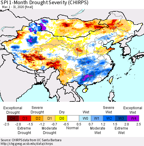 China, Mongolia and Taiwan SPI 1-Month Drought Severity (CHIRPS) Thematic Map For 3/1/2020 - 3/31/2020