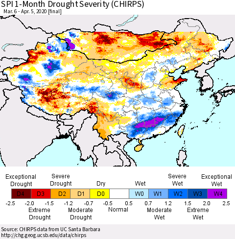 China, Mongolia and Taiwan SPI 1-Month Drought Severity (CHIRPS) Thematic Map For 3/6/2020 - 4/5/2020