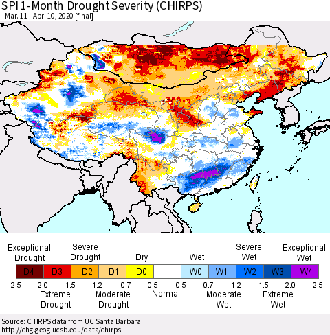 China and Taiwan SPI 1-Month Drought Severity (CHIRPS) Thematic Map For 3/11/2020 - 4/10/2020