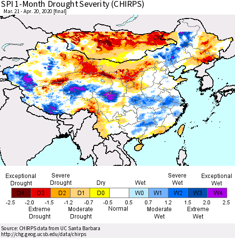 China, Mongolia and Taiwan SPI 1-Month Drought Severity (CHIRPS) Thematic Map For 3/21/2020 - 4/20/2020