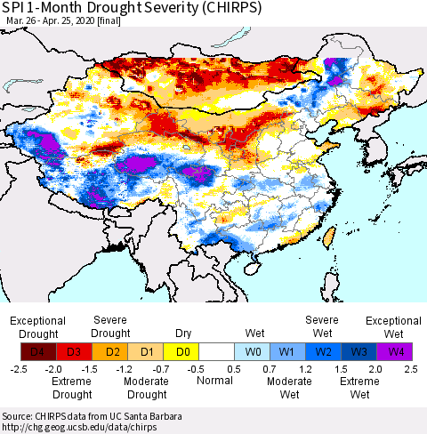 China and Taiwan SPI 1-Month Drought Severity (CHIRPS) Thematic Map For 3/26/2020 - 4/25/2020