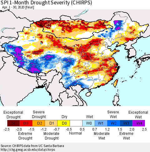 China and Taiwan SPI 1-Month Drought Severity (CHIRPS) Thematic Map For 4/1/2020 - 4/30/2020