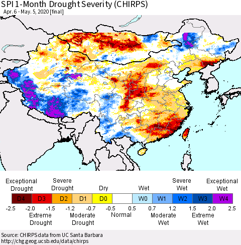 China and Taiwan SPI 1-Month Drought Severity (CHIRPS) Thematic Map For 4/6/2020 - 5/5/2020