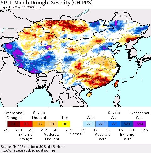 China and Taiwan SPI 1-Month Drought Severity (CHIRPS) Thematic Map For 4/11/2020 - 5/10/2020