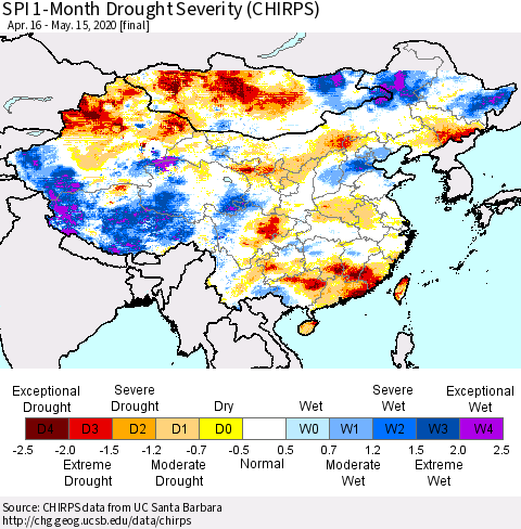 China and Taiwan SPI 1-Month Drought Severity (CHIRPS) Thematic Map For 4/16/2020 - 5/15/2020
