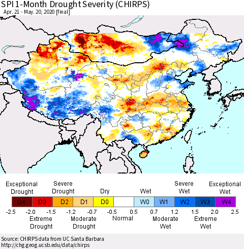 China, Mongolia and Taiwan SPI 1-Month Drought Severity (CHIRPS) Thematic Map For 4/21/2020 - 5/20/2020