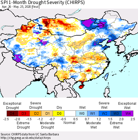 China and Taiwan SPI 1-Month Drought Severity (CHIRPS) Thematic Map For 4/26/2020 - 5/25/2020