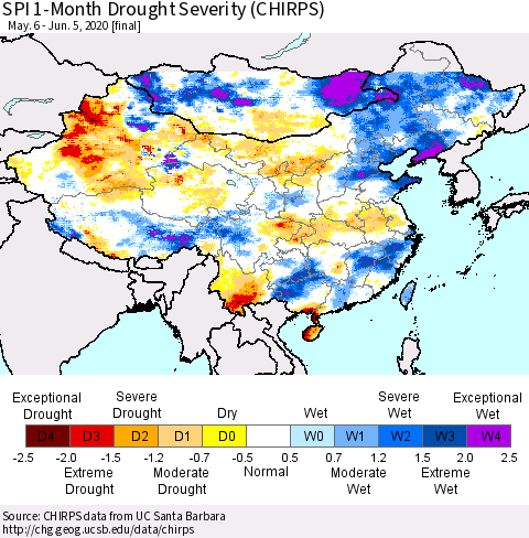 China, Mongolia and Taiwan SPI 1-Month Drought Severity (CHIRPS) Thematic Map For 5/6/2020 - 6/5/2020