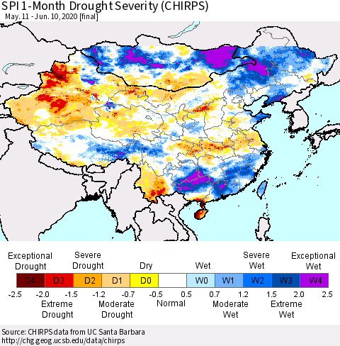 China, Mongolia and Taiwan SPI 1-Month Drought Severity (CHIRPS) Thematic Map For 5/11/2020 - 6/10/2020