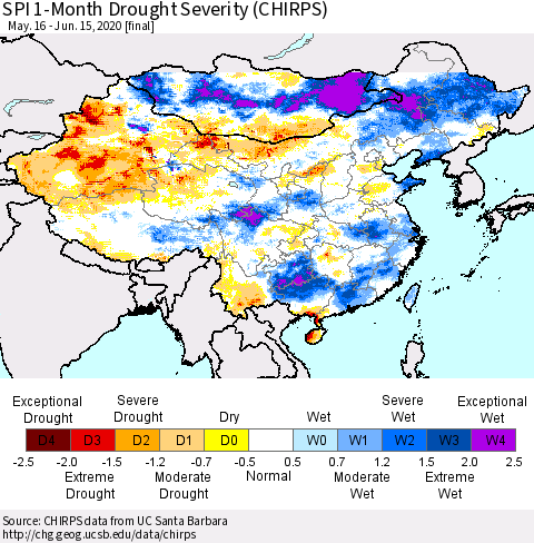 China, Mongolia and Taiwan SPI 1-Month Drought Severity (CHIRPS) Thematic Map For 5/16/2020 - 6/15/2020