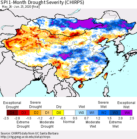 China and Taiwan SPI 1-Month Drought Severity (CHIRPS) Thematic Map For 5/26/2020 - 6/25/2020