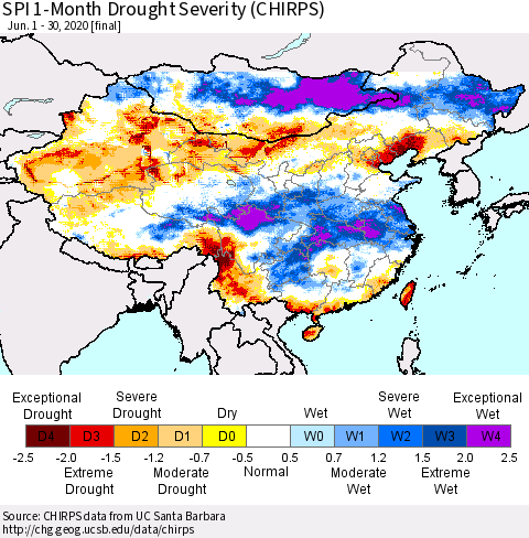 China, Mongolia and Taiwan SPI 1-Month Drought Severity (CHIRPS) Thematic Map For 6/1/2020 - 6/30/2020
