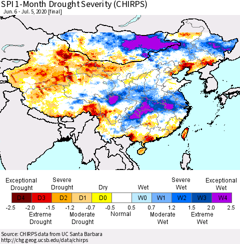 China, Mongolia and Taiwan SPI 1-Month Drought Severity (CHIRPS) Thematic Map For 6/6/2020 - 7/5/2020