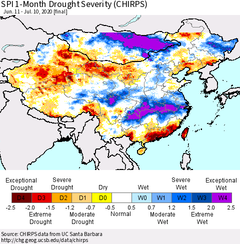 China and Taiwan SPI 1-Month Drought Severity (CHIRPS) Thematic Map For 6/11/2020 - 7/10/2020