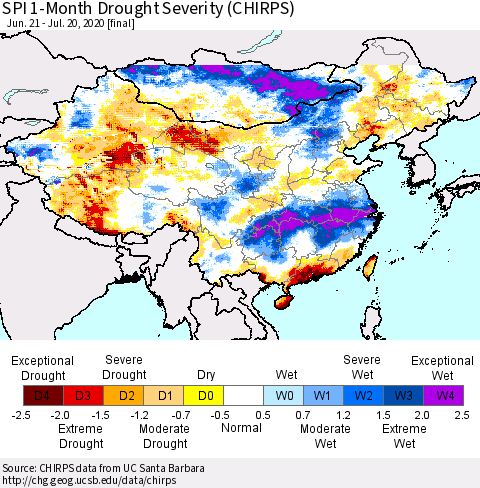 China and Taiwan SPI 1-Month Drought Severity (CHIRPS) Thematic Map For 6/21/2020 - 7/20/2020