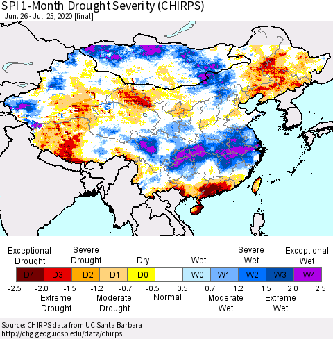 China and Taiwan SPI 1-Month Drought Severity (CHIRPS) Thematic Map For 6/26/2020 - 7/25/2020