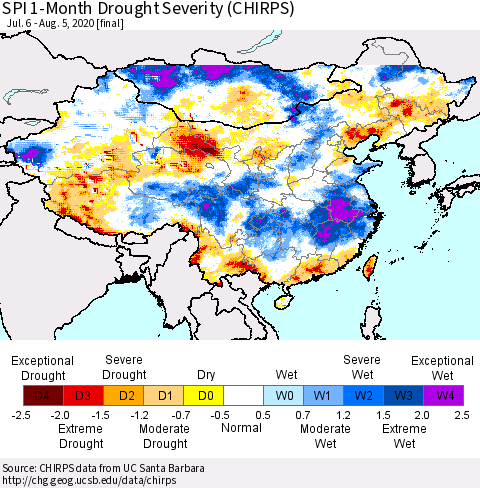China, Mongolia and Taiwan SPI 1-Month Drought Severity (CHIRPS) Thematic Map For 7/6/2020 - 8/5/2020