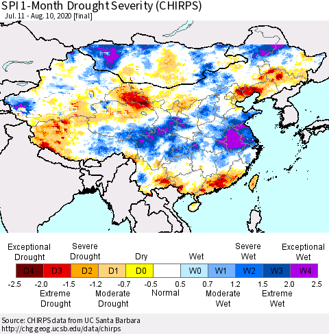 China, Mongolia and Taiwan SPI 1-Month Drought Severity (CHIRPS) Thematic Map For 7/11/2020 - 8/10/2020