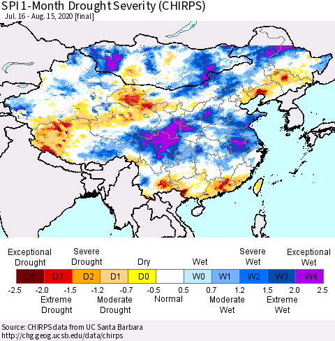 China, Mongolia and Taiwan SPI 1-Month Drought Severity (CHIRPS) Thematic Map For 7/16/2020 - 8/15/2020
