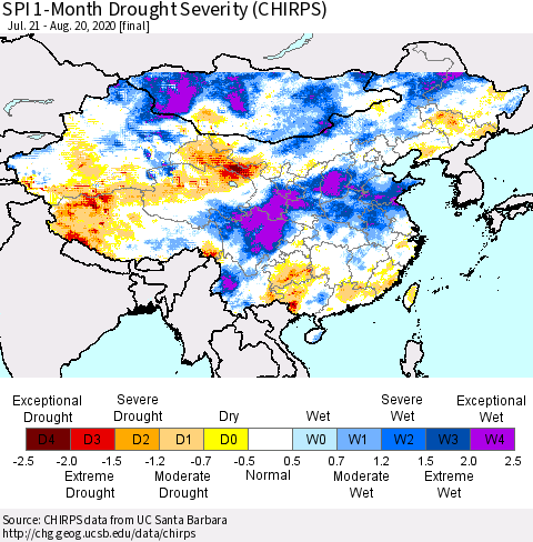 China, Mongolia and Taiwan SPI 1-Month Drought Severity (CHIRPS) Thematic Map For 7/21/2020 - 8/20/2020