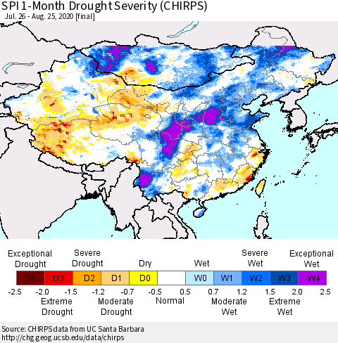China, Mongolia and Taiwan SPI 1-Month Drought Severity (CHIRPS) Thematic Map For 7/26/2020 - 8/25/2020