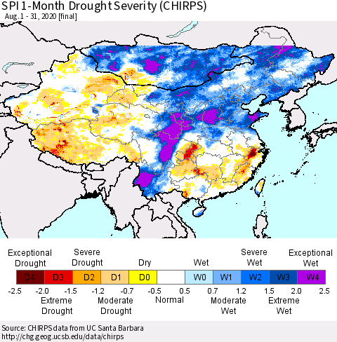 China, Mongolia and Taiwan SPI 1-Month Drought Severity (CHIRPS) Thematic Map For 8/1/2020 - 8/31/2020