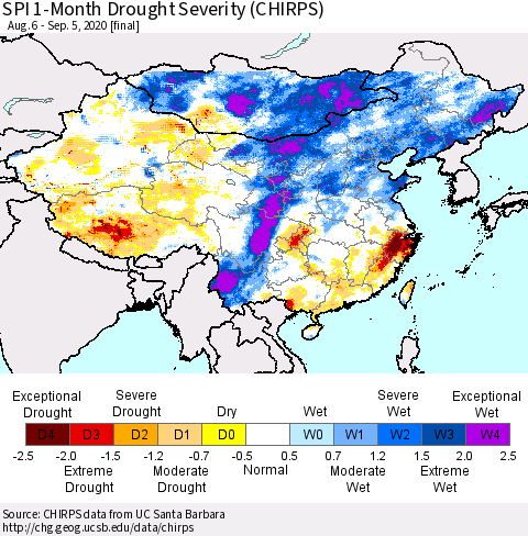 China, Mongolia and Taiwan SPI 1-Month Drought Severity (CHIRPS) Thematic Map For 8/6/2020 - 9/5/2020