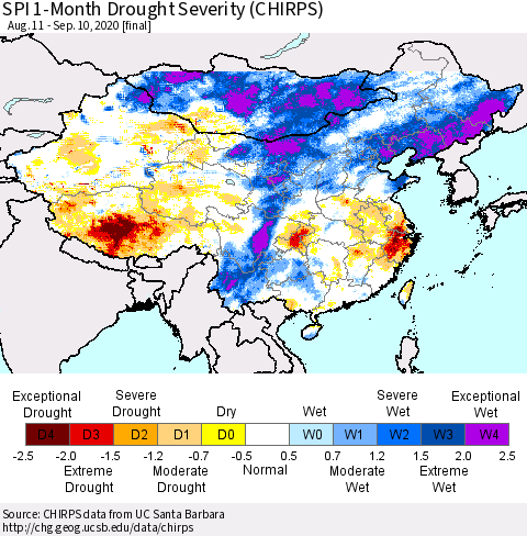 China, Mongolia and Taiwan SPI 1-Month Drought Severity (CHIRPS) Thematic Map For 8/11/2020 - 9/10/2020