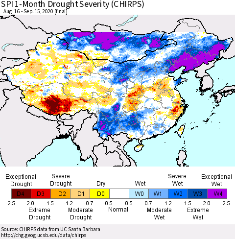 China, Mongolia and Taiwan SPI 1-Month Drought Severity (CHIRPS) Thematic Map For 8/16/2020 - 9/15/2020