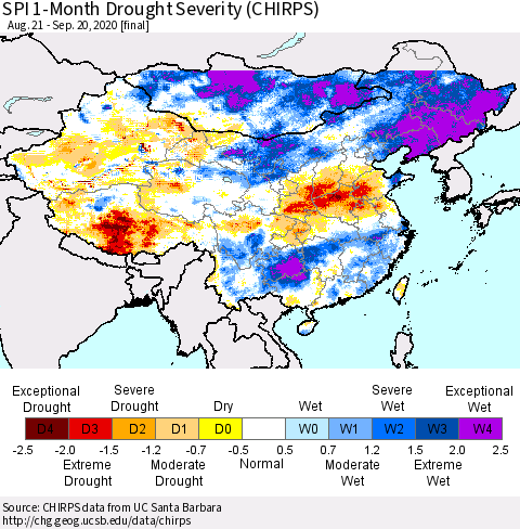 China, Mongolia and Taiwan SPI 1-Month Drought Severity (CHIRPS) Thematic Map For 8/21/2020 - 9/20/2020