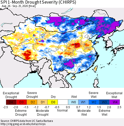 China, Mongolia and Taiwan SPI 1-Month Drought Severity (CHIRPS) Thematic Map For 8/26/2020 - 9/25/2020
