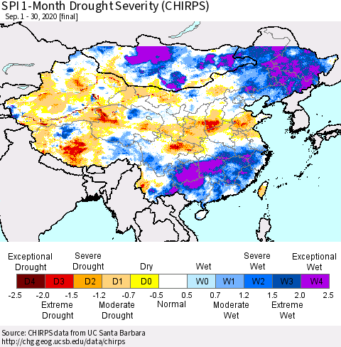 China, Mongolia and Taiwan SPI 1-Month Drought Severity (CHIRPS) Thematic Map For 9/1/2020 - 9/30/2020