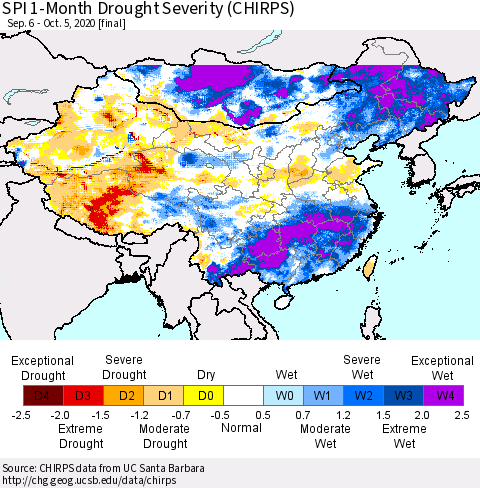 China, Mongolia and Taiwan SPI 1-Month Drought Severity (CHIRPS) Thematic Map For 9/6/2020 - 10/5/2020