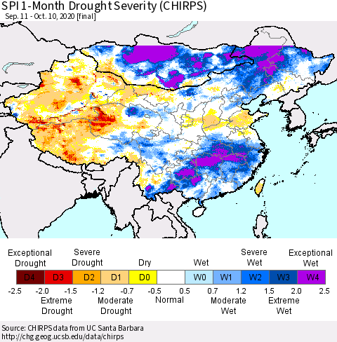 China, Mongolia and Taiwan SPI 1-Month Drought Severity (CHIRPS) Thematic Map For 9/11/2020 - 10/10/2020