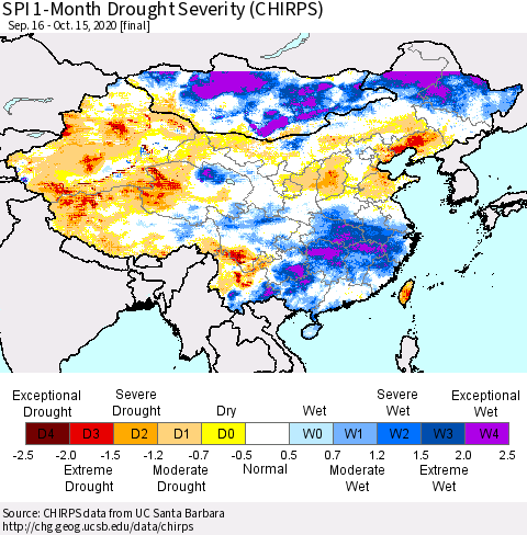 China, Mongolia and Taiwan SPI 1-Month Drought Severity (CHIRPS) Thematic Map For 9/16/2020 - 10/15/2020