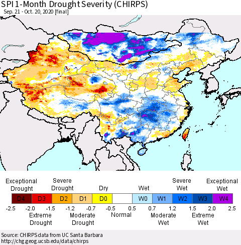 China, Mongolia and Taiwan SPI 1-Month Drought Severity (CHIRPS) Thematic Map For 9/21/2020 - 10/20/2020