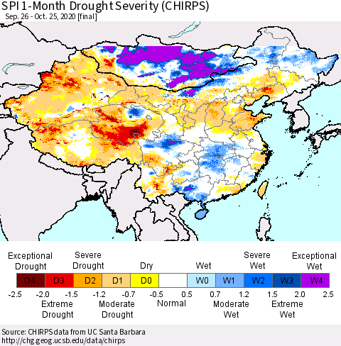 China, Mongolia and Taiwan SPI 1-Month Drought Severity (CHIRPS) Thematic Map For 9/26/2020 - 10/25/2020