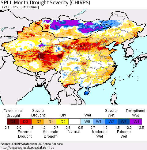 China, Mongolia and Taiwan SPI 1-Month Drought Severity (CHIRPS) Thematic Map For 10/6/2020 - 11/5/2020