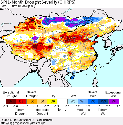 China, Mongolia and Taiwan SPI 1-Month Drought Severity (CHIRPS) Thematic Map For 10/11/2020 - 11/10/2020