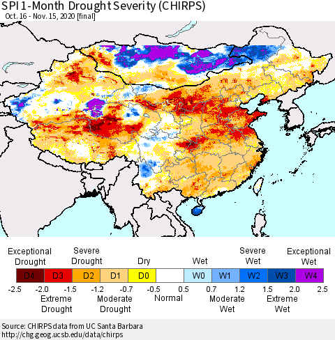 China, Mongolia and Taiwan SPI 1-Month Drought Severity (CHIRPS) Thematic Map For 10/16/2020 - 11/15/2020