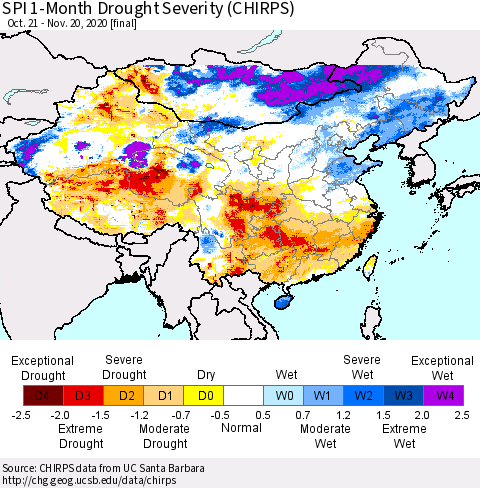 China, Mongolia and Taiwan SPI 1-Month Drought Severity (CHIRPS) Thematic Map For 10/21/2020 - 11/20/2020
