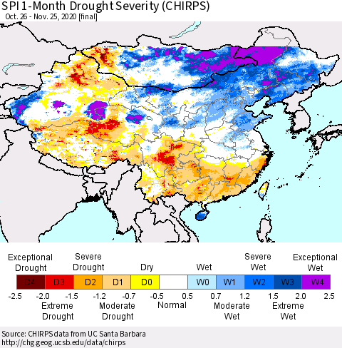 China, Mongolia and Taiwan SPI 1-Month Drought Severity (CHIRPS) Thematic Map For 10/26/2020 - 11/25/2020