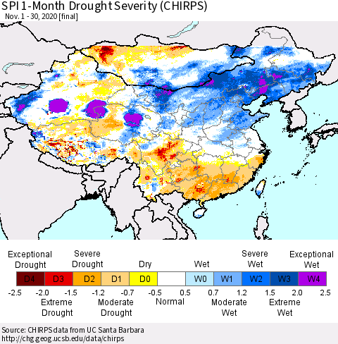 China, Mongolia and Taiwan SPI 1-Month Drought Severity (CHIRPS) Thematic Map For 11/1/2020 - 11/30/2020