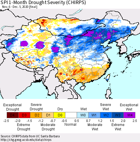 China, Mongolia and Taiwan SPI 1-Month Drought Severity (CHIRPS) Thematic Map For 11/6/2020 - 12/5/2020
